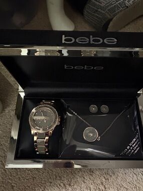bebe Rose Gold Tone Watch and Pendant Necklace Set